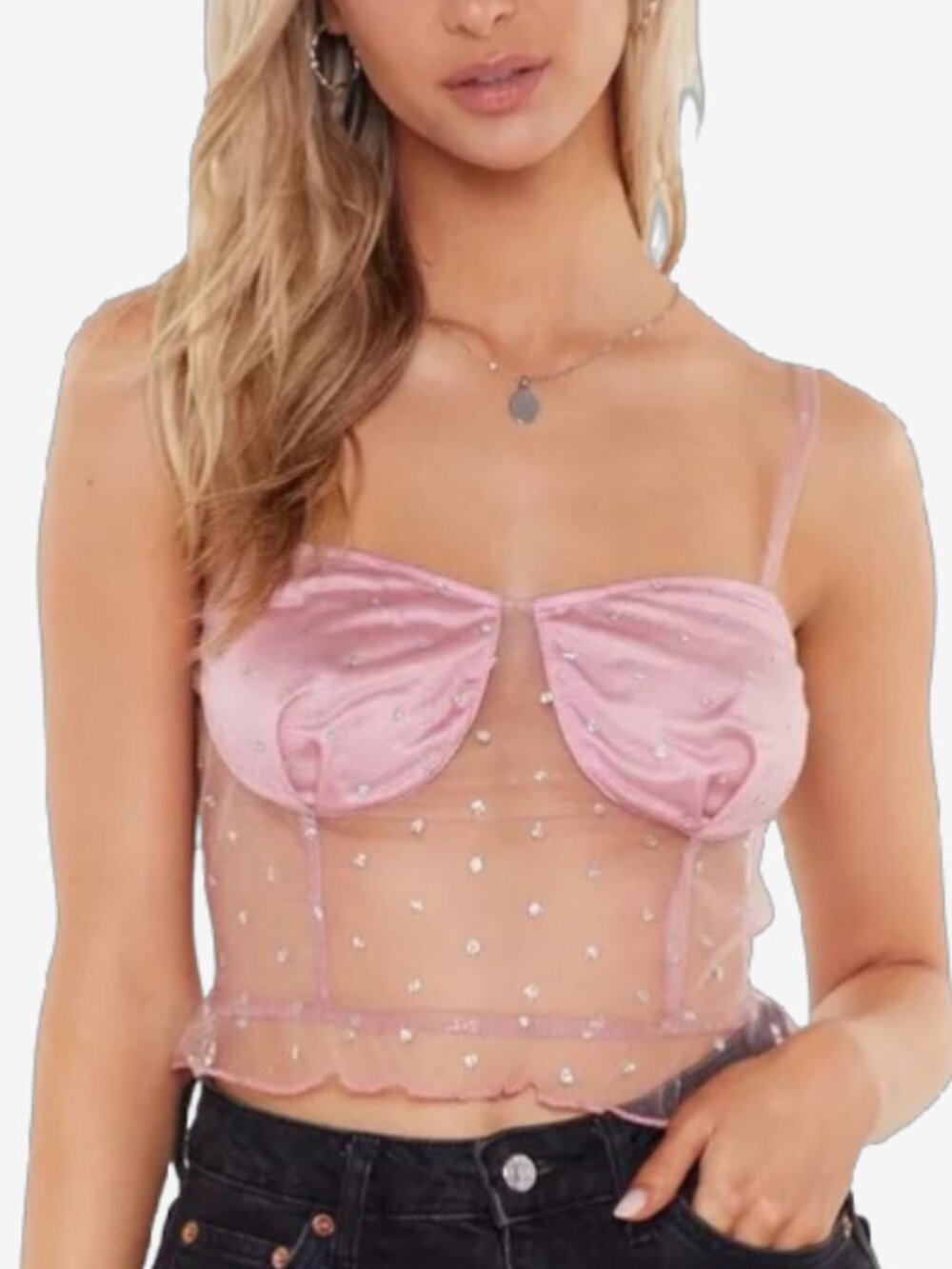 Nasty Gal Pink Mesh Silver Dots Sheer Satin Bustier Ruffle Crop Top
